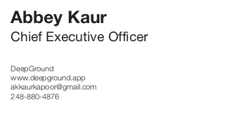 DeepGround MOO business card, front — mint DG mark and 'AI taskforce for front-desk operations' tagline on a dark card